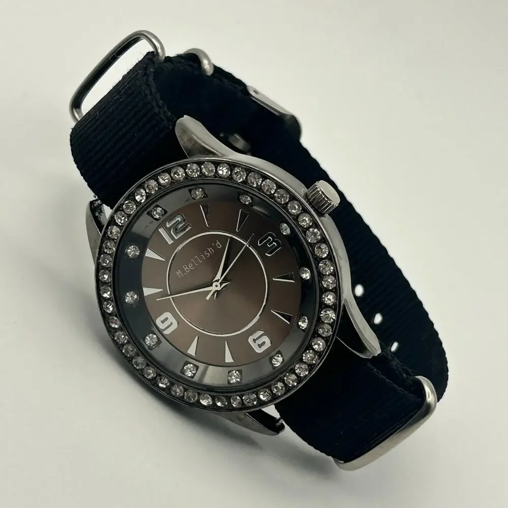 M. Bellish'd Crystal Bezel Black Fabric Strap Casual Analog Watch New Battery